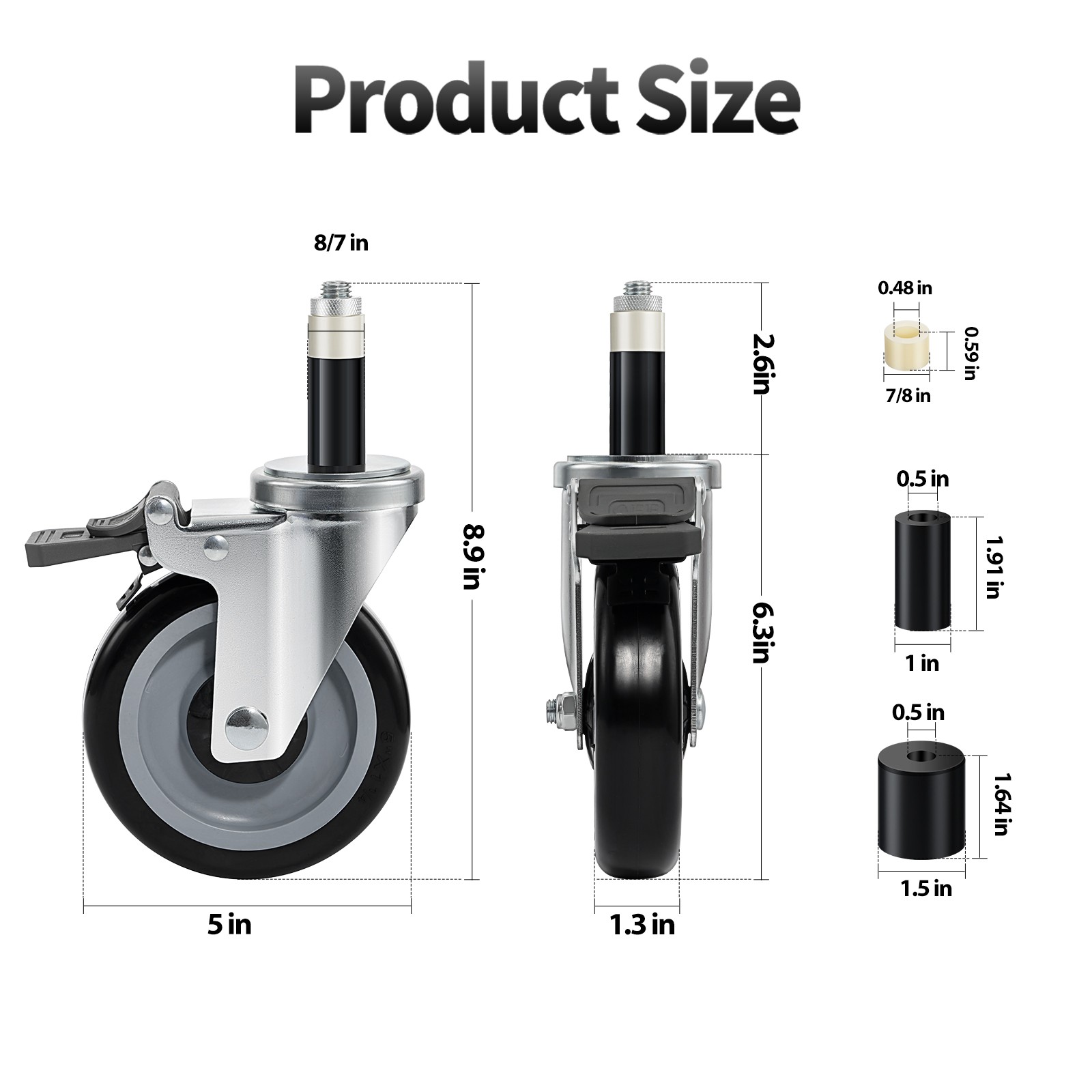 5″ Expanding Stem Caster Wheels Set of 4 for 7/8″, 1″, 1-1/2″ Tube Legs 1600LBS