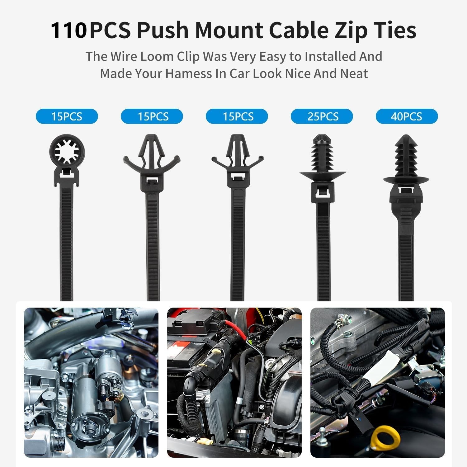 110 PCS Automotive Installation Black Push Mount Cable Zip Ties Assorted Size US