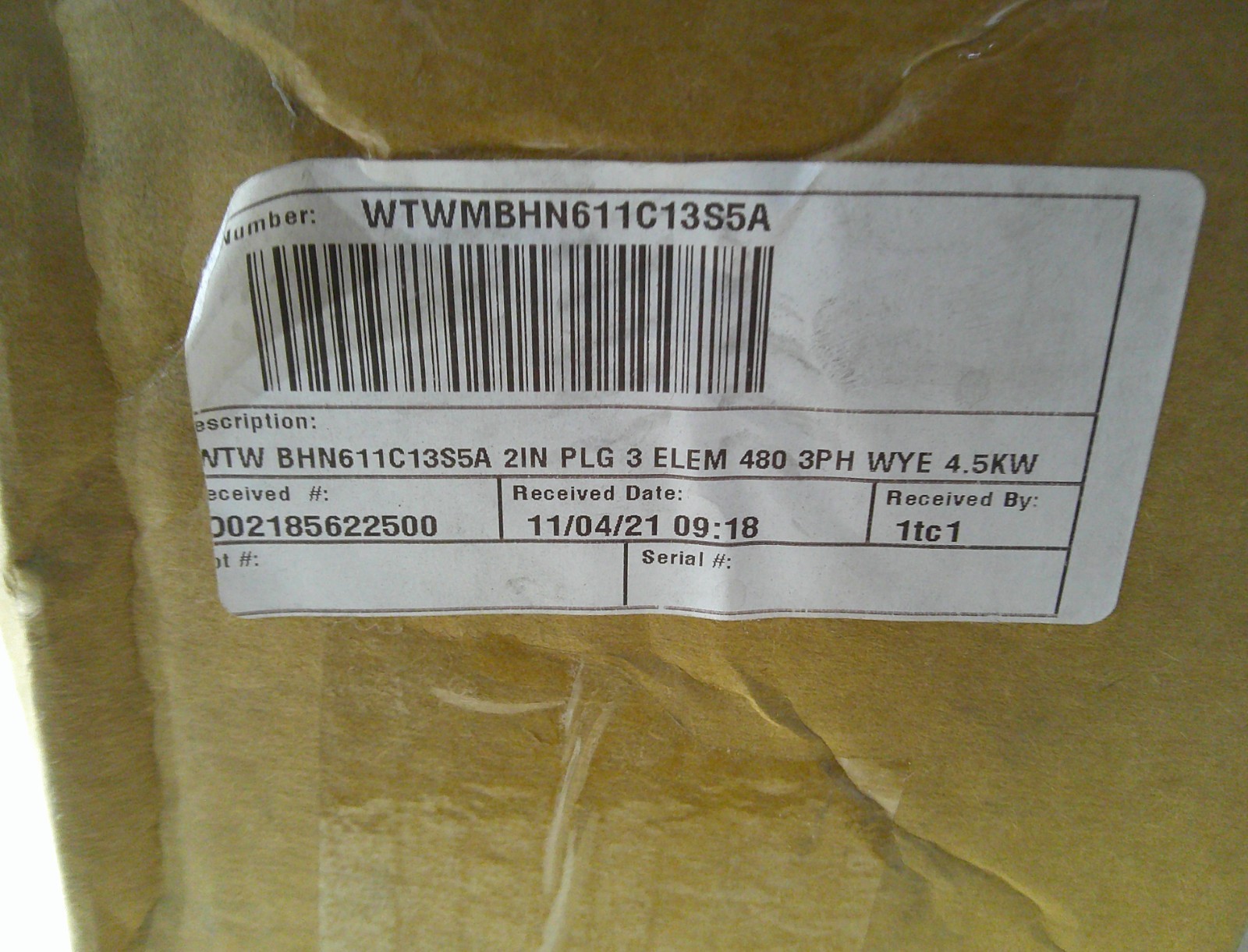 Watlow Screw Plug Immersion Heater BHN611C13S5A 4500W 480V 3PH NEW Old Stock