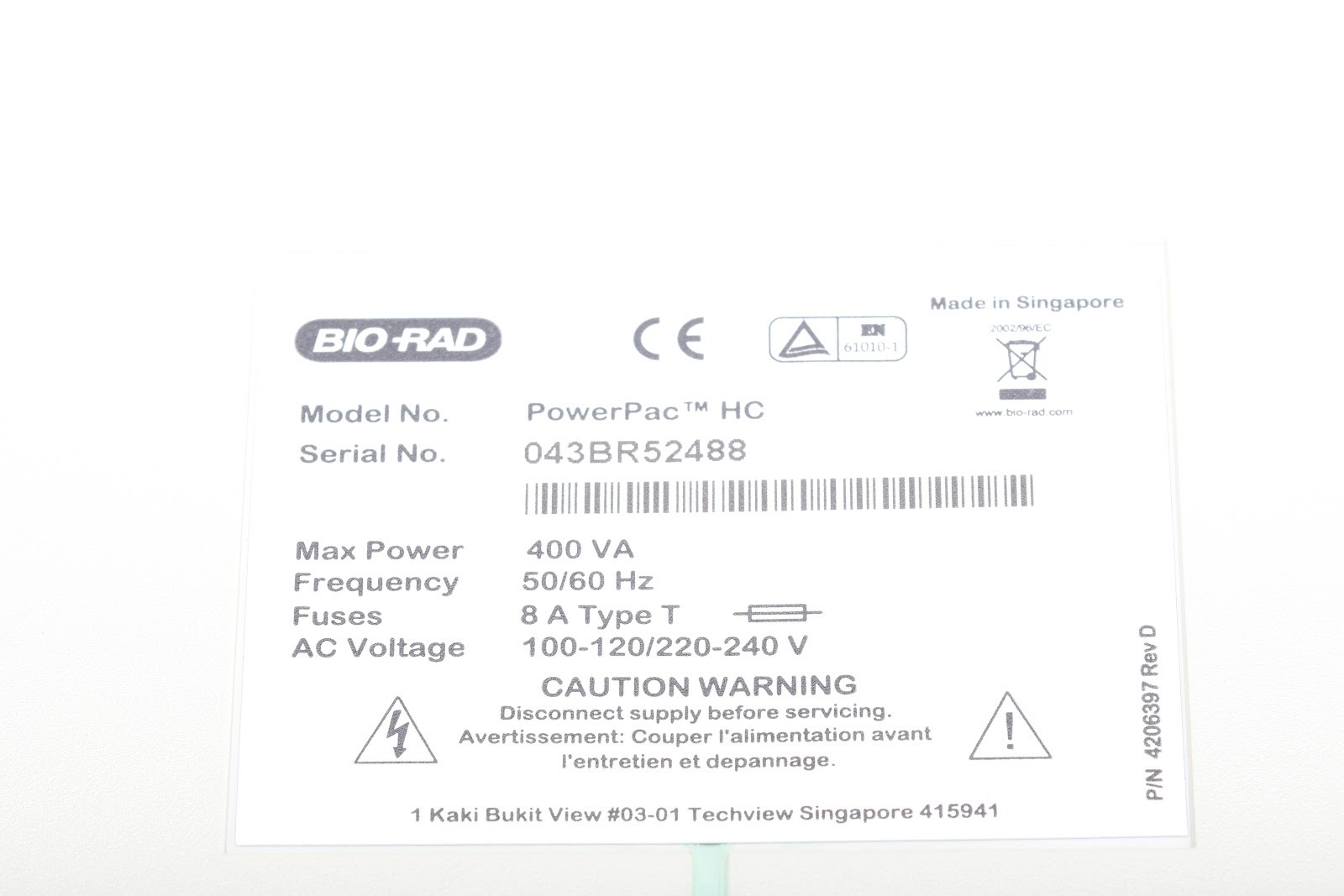 Bio-Rad PowerPac HC High Current Power Supply for Electrophoresis W/ Power Cable