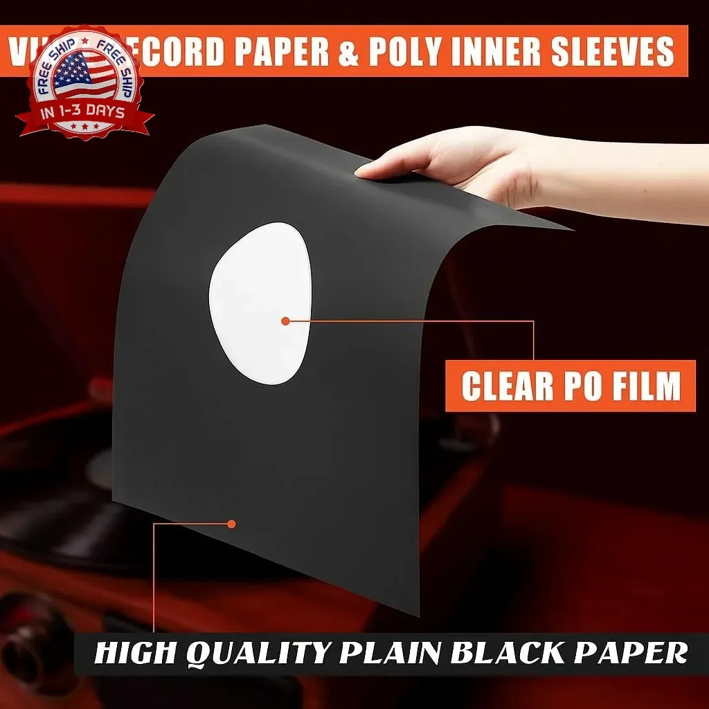 100 PCS 12in Black Paper & Poly Lined Record Inner Sleeves for LP Vinyl Records,