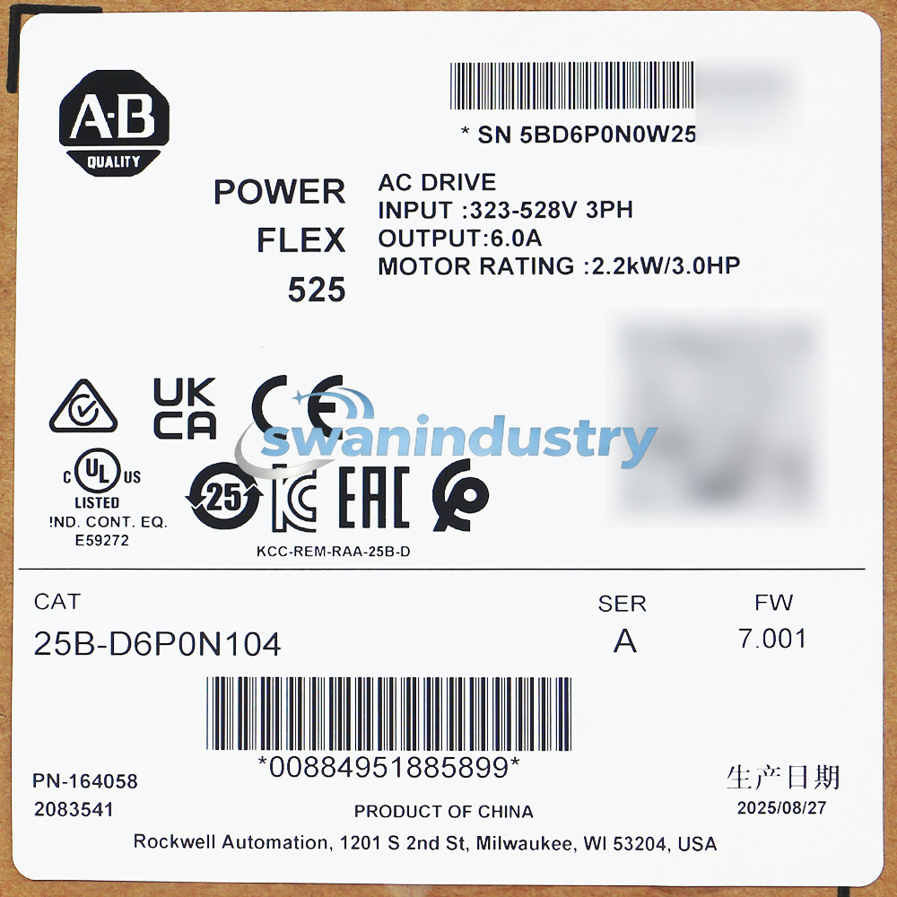 New Allen Bradley 25B-D6P0N104 PowerFlex 525 2.2kW (3Hp) AC Drive
