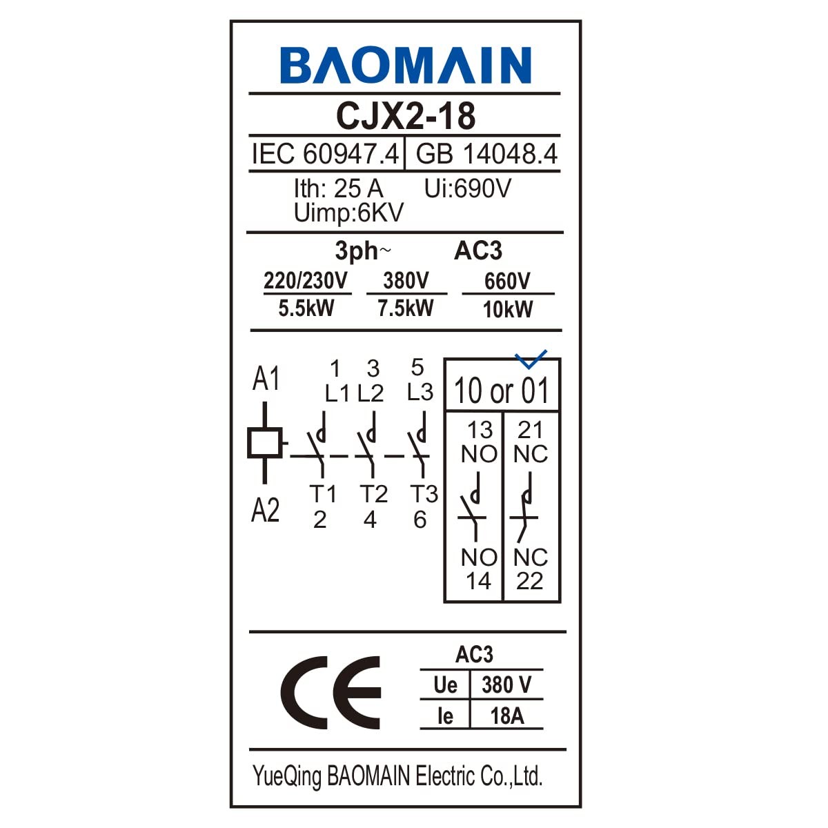 Baomain Ac Contactor Cjx2-1801 110V 50/60 Hz Coil 3 Phase 660V 18A, Co