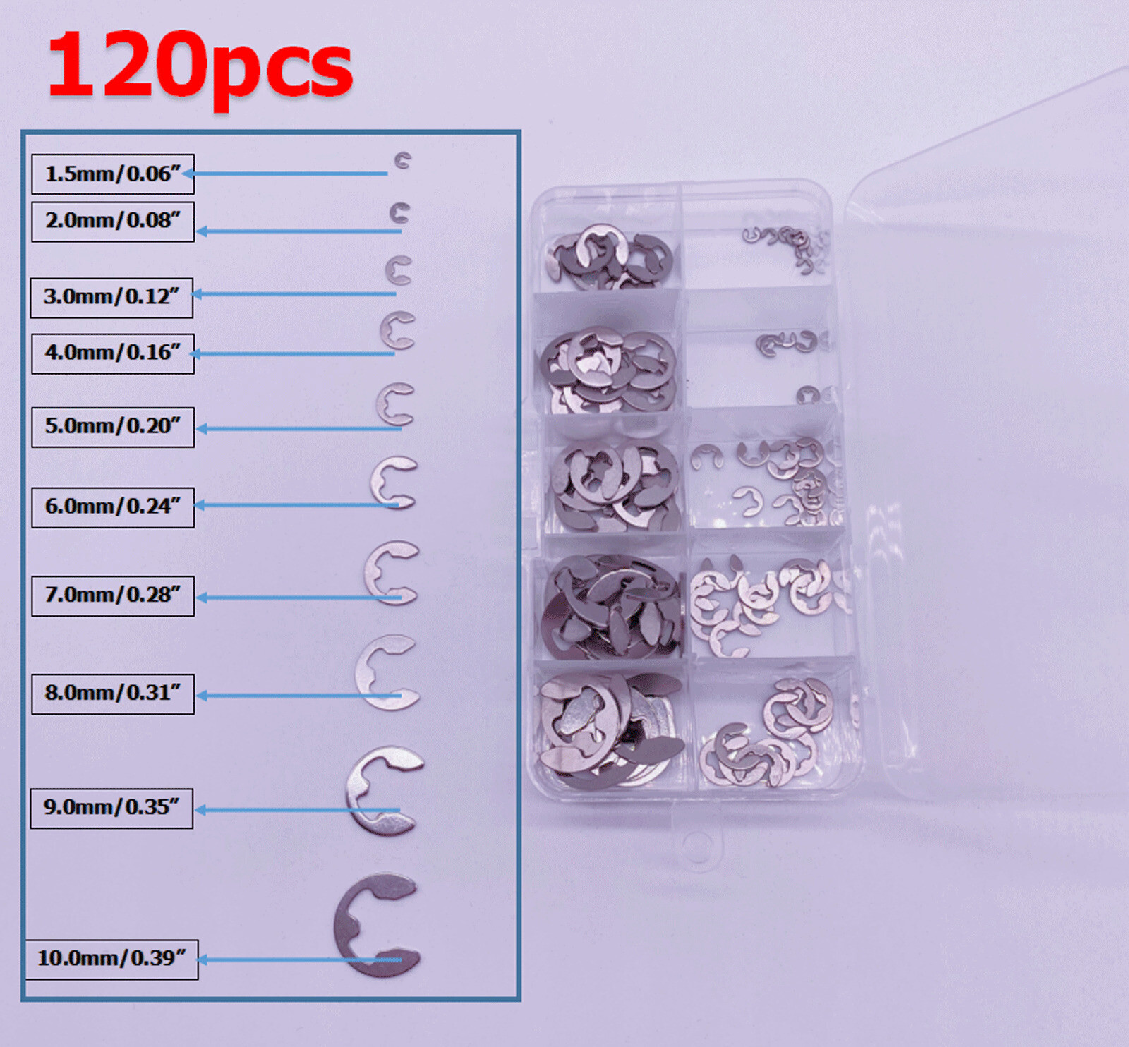 120 E Clips C CIRCLIPS Stainless Steel Kit Retaining Ring Assorted 1.5mm to 10mm
