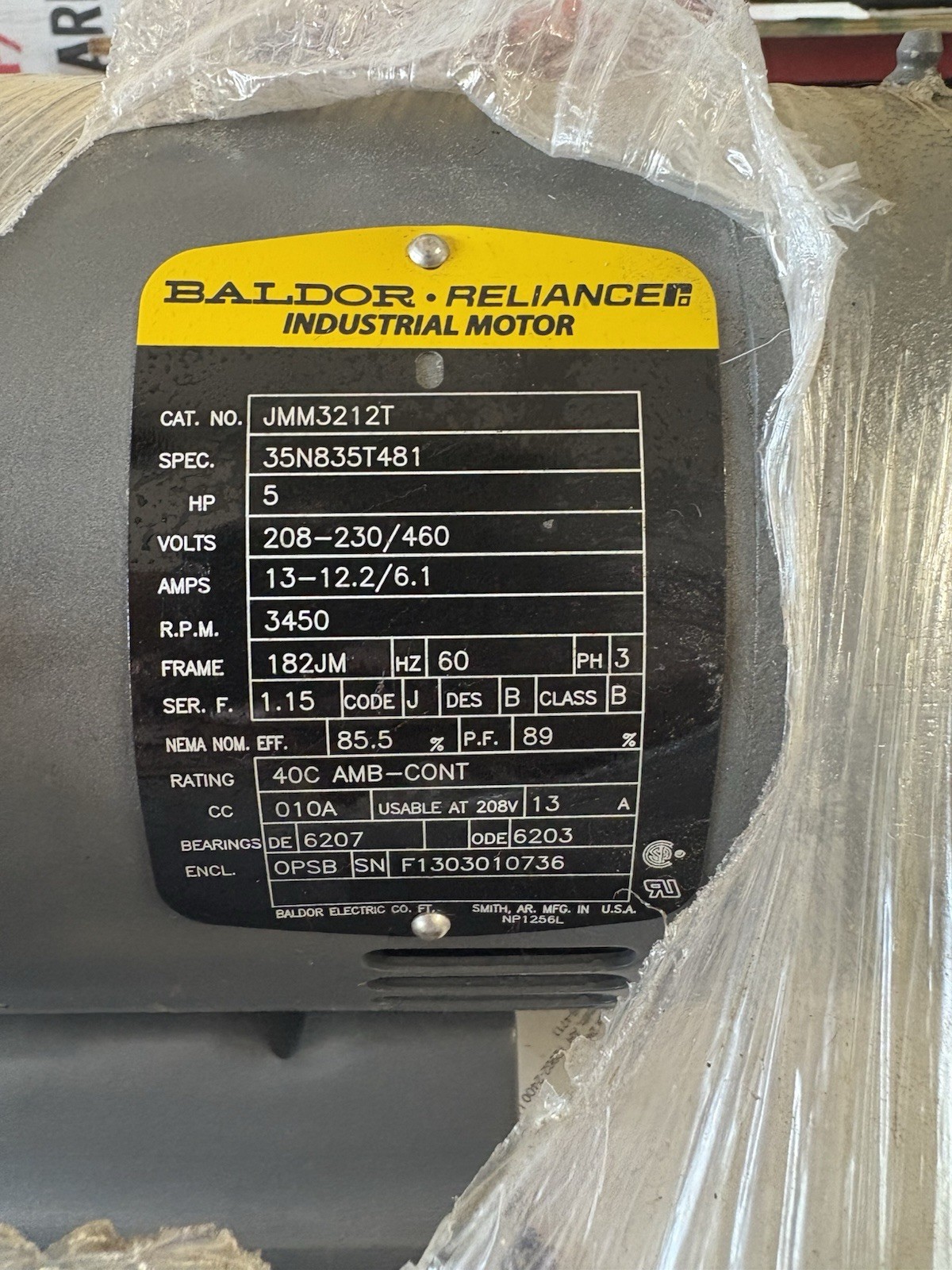 Baldor Reliance Industrial Motor 5HP, 208-230/460 Volts, 3450 RPM, 13-12.2/6.1 A