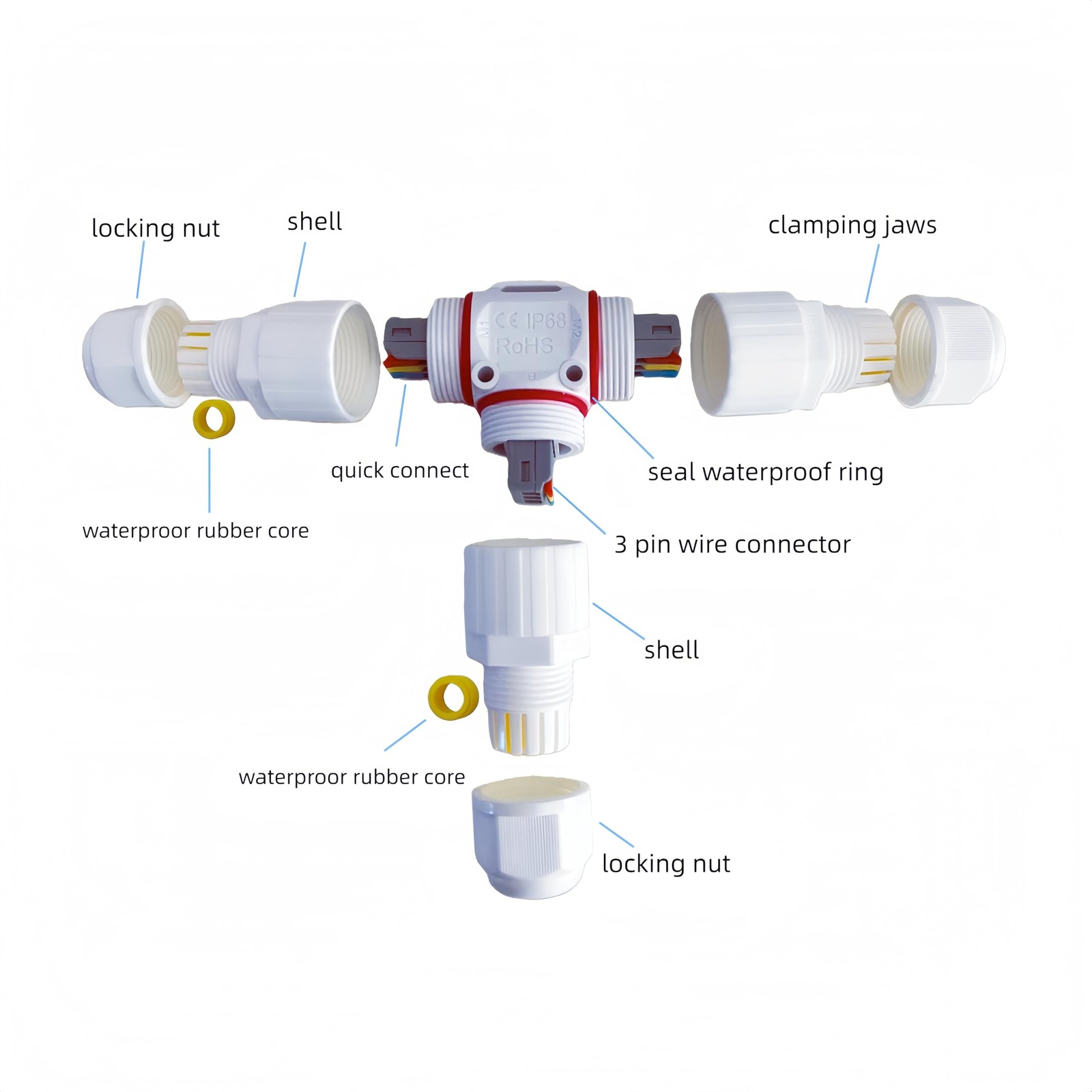 T-Type Waterproof Cable Connectors 3 Way IP68 Rated 450V 24A – for Outdoor LED