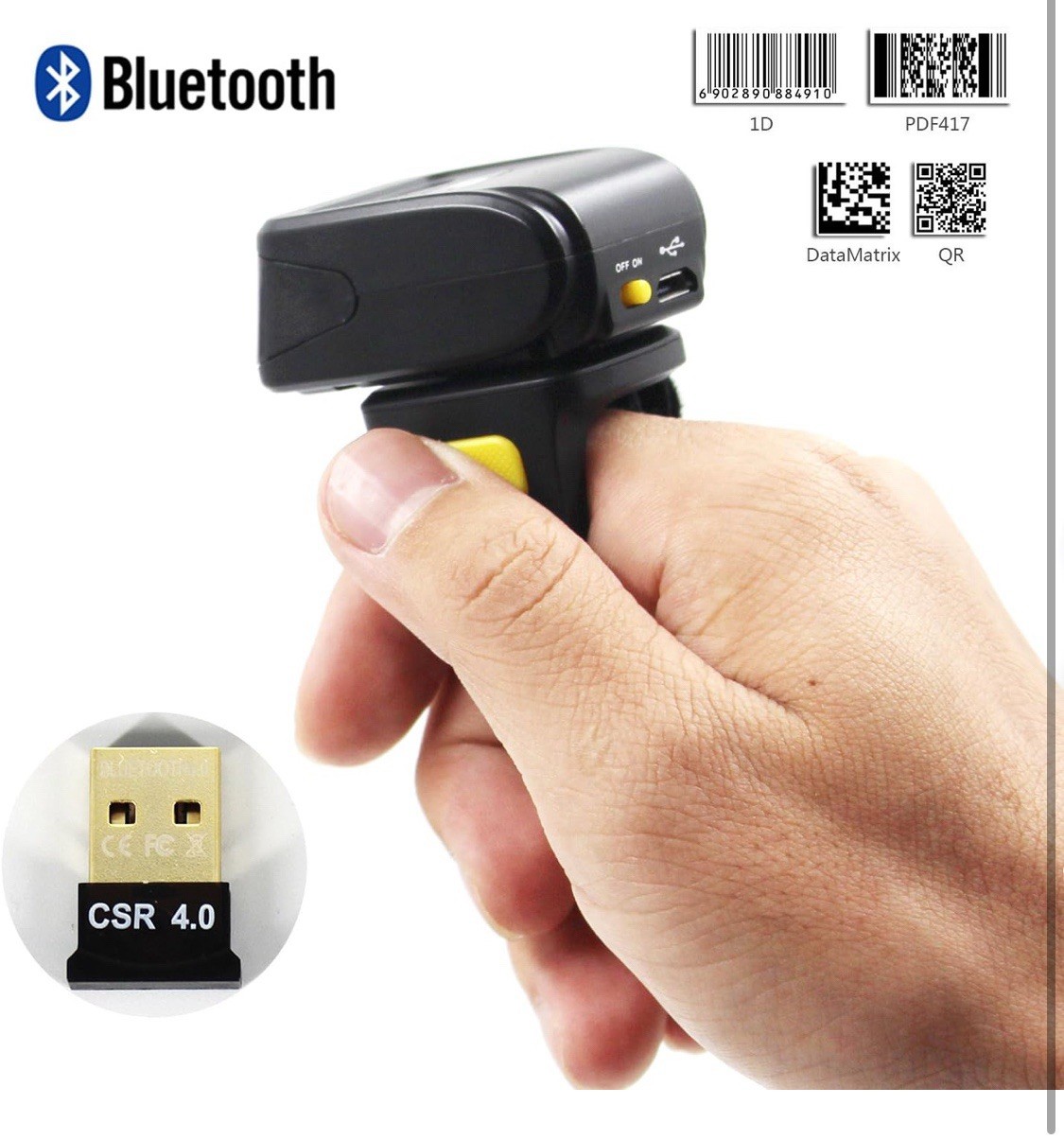 Bluetooth Ring 1D 2D QR Barcode Scanner, Wearable Wireless Finger Mini Bar Code