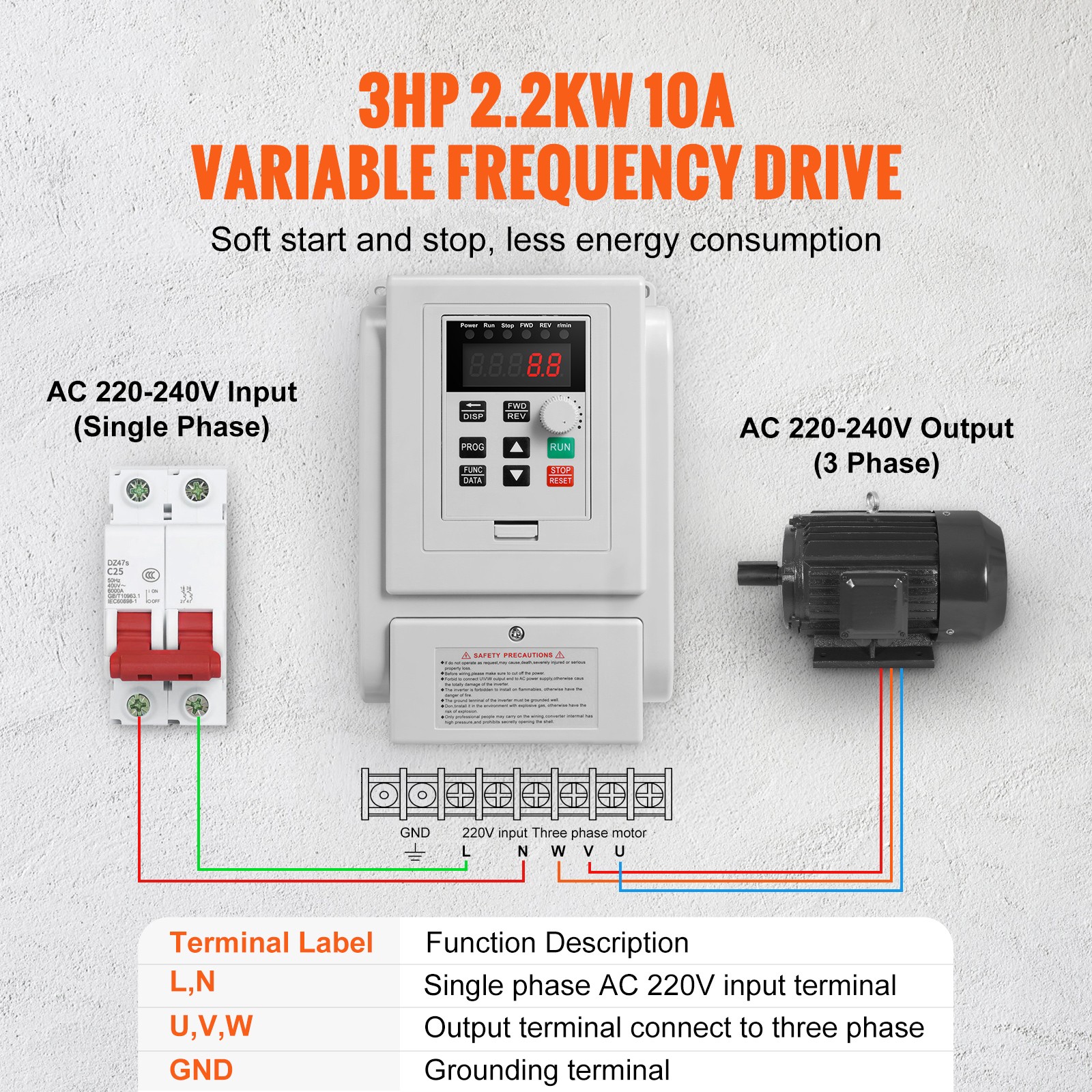 Uimoso 2.2KW 10A 3HP Variable Frequency Drive for 3-Phase Motor Control