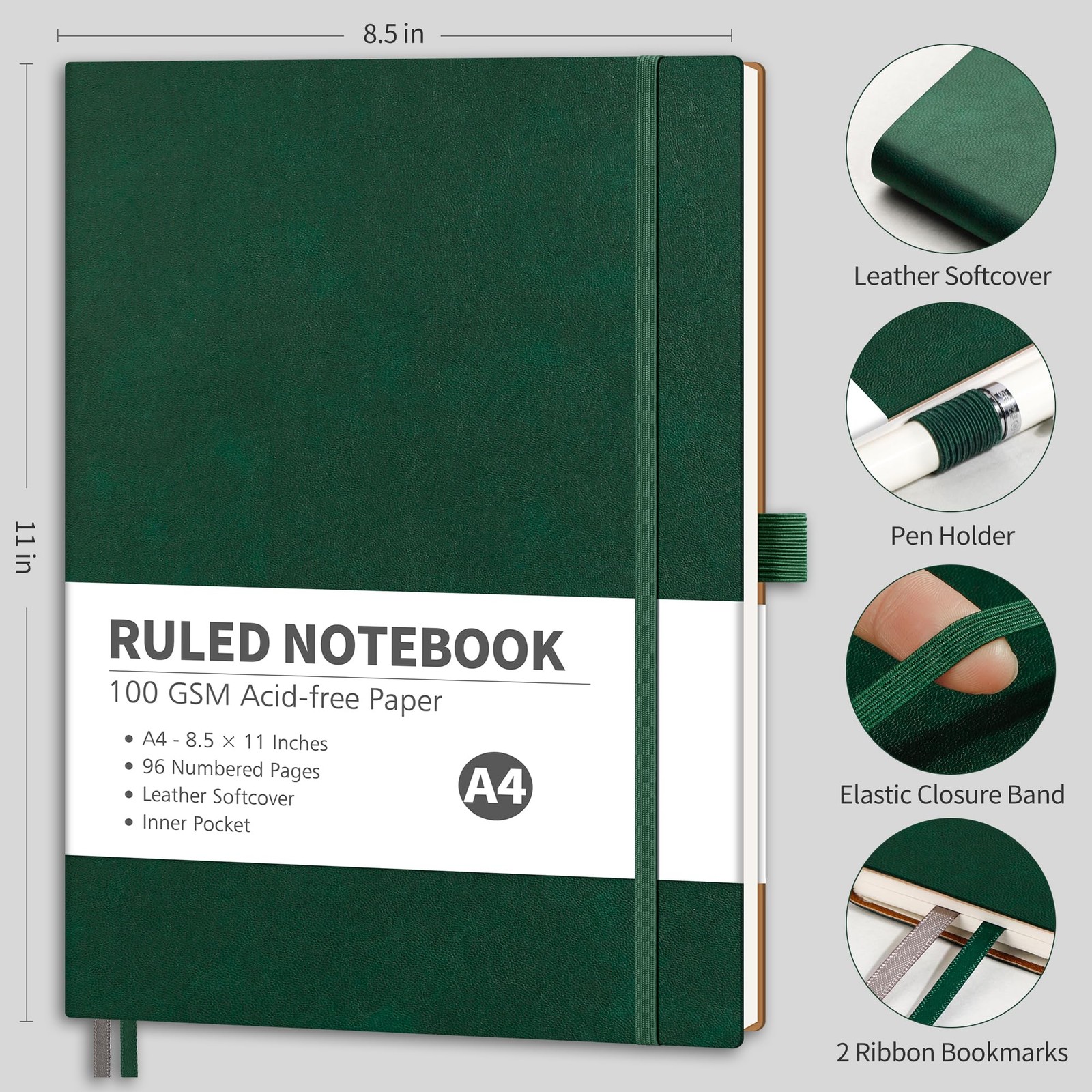 RETTACY Lined Journal Notebook, 96 Numbered 8.5 × 11 inches, Dark Green