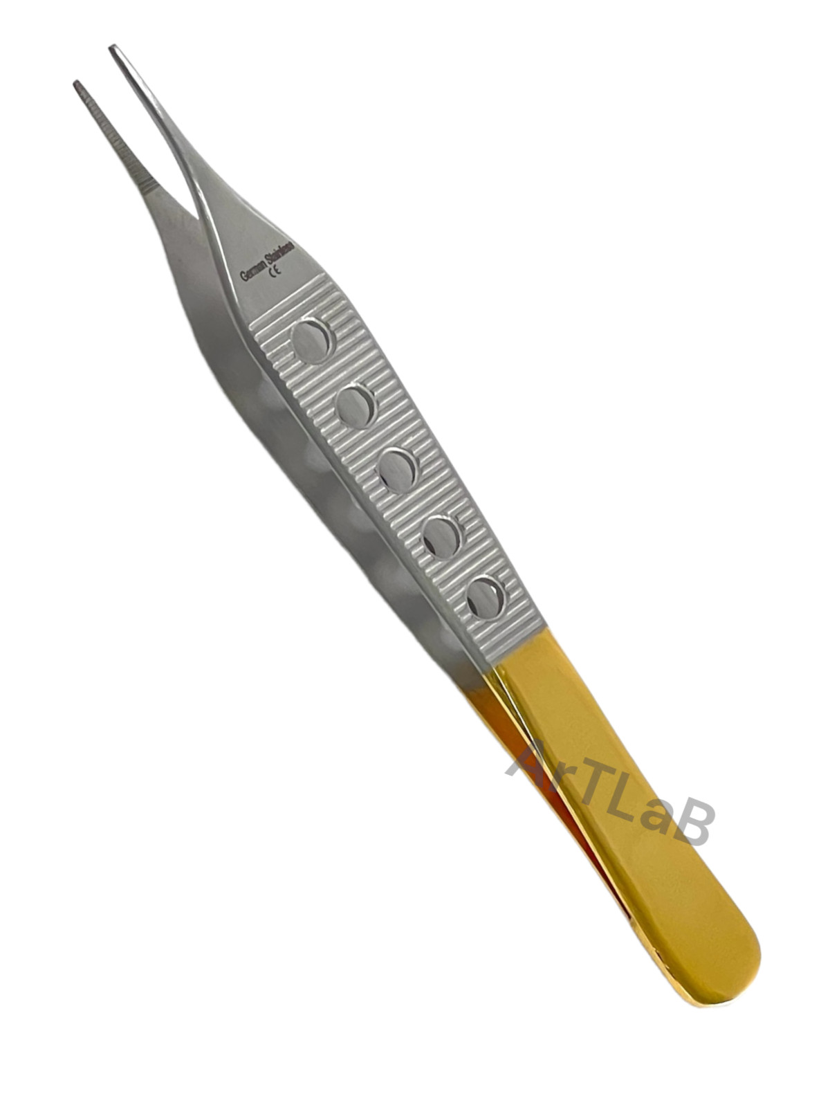Fine Serrated Tip Adson Dressing Forceps 4.75″ w/ Gold Perforated Handle, STR