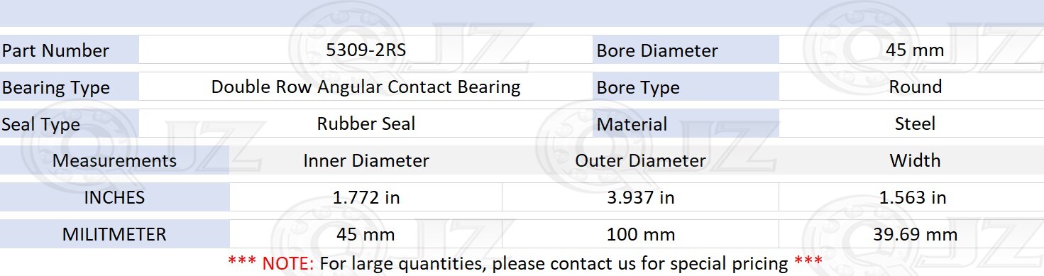 [Qty.4] 5309-2RS Angular Contact Ball Bearing [45mm ID x 100mm OD x 39.7mm W]