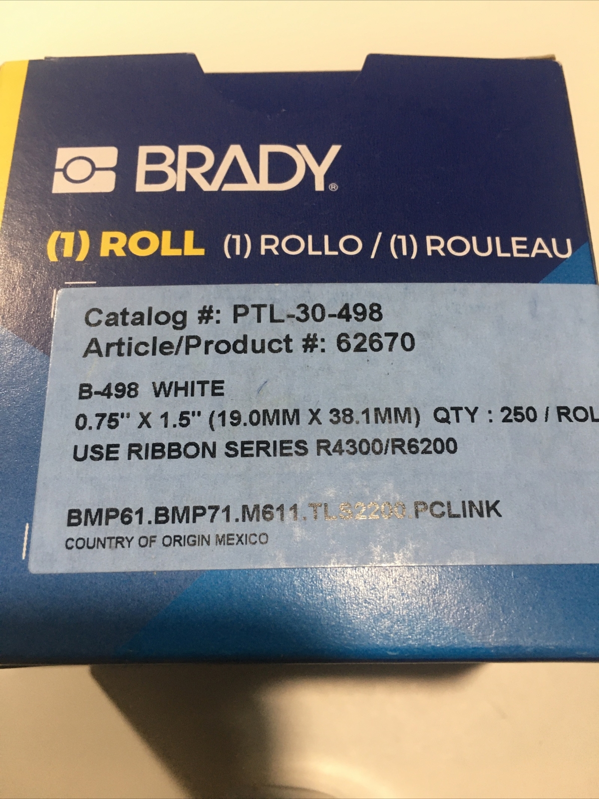 🇺🇸BRADY PTL-30-498 Label,White,Vinyl Cloth,1.5” X .75”. 250 Labels Per Roll.