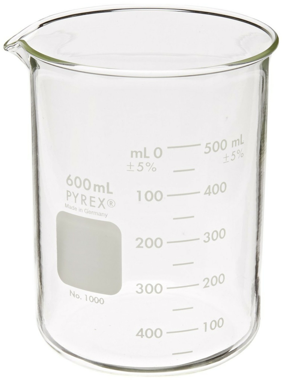 600ml Glass Beaker, Griffin Low Form, Graduated, PYREX 1000-600 (Pack 6)