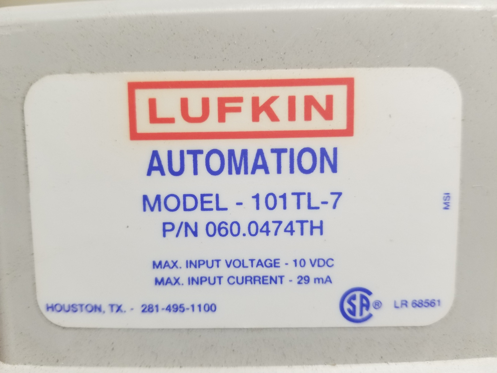 Lufkin Automation Model 101TL-7 10VDC MAX. AMB. TEMP. : 85C (185F)