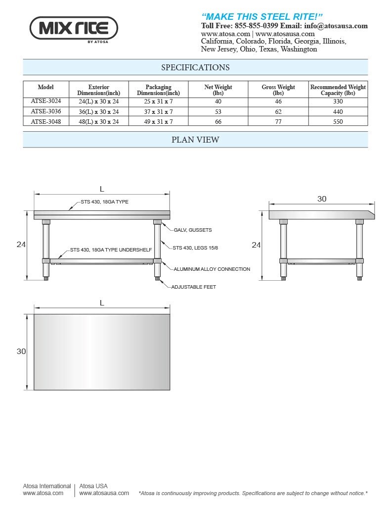Atosa ATSE-3048 48″ WIDE x 30″ DEEP by 24″ TALL STAINLESS STEEL Equipment Stand
