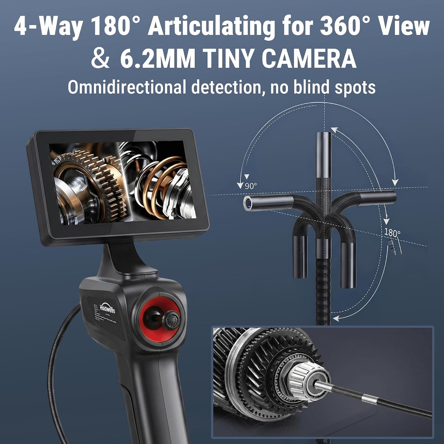 4.9FT 360° Articulating Borescope Camera, 6.2mm, 1080P HD, IP67 Waterproof