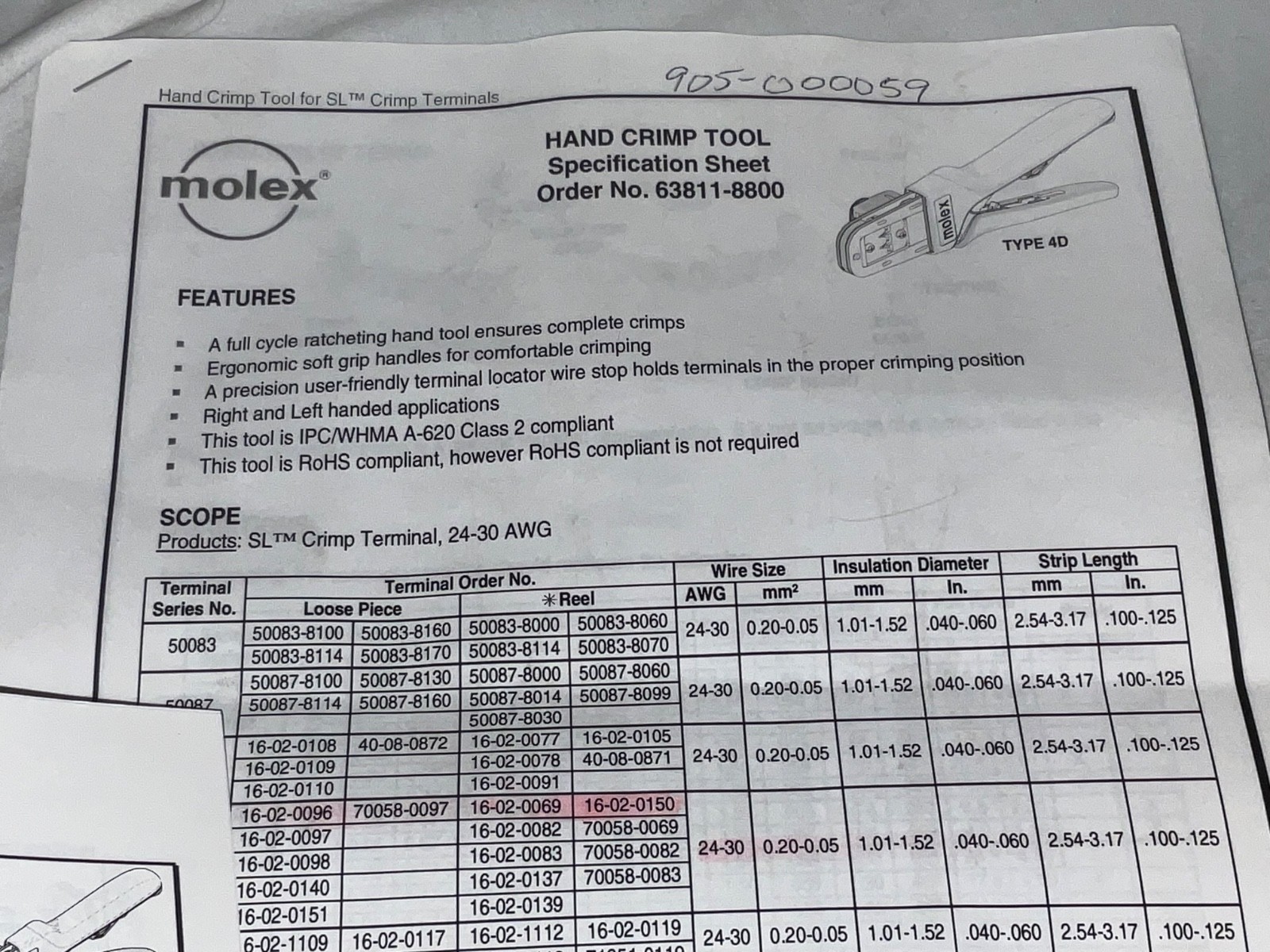 New Molex 63811-4400 Hand Crimp Tool Full Cycle Racheting Class 2 Compliant