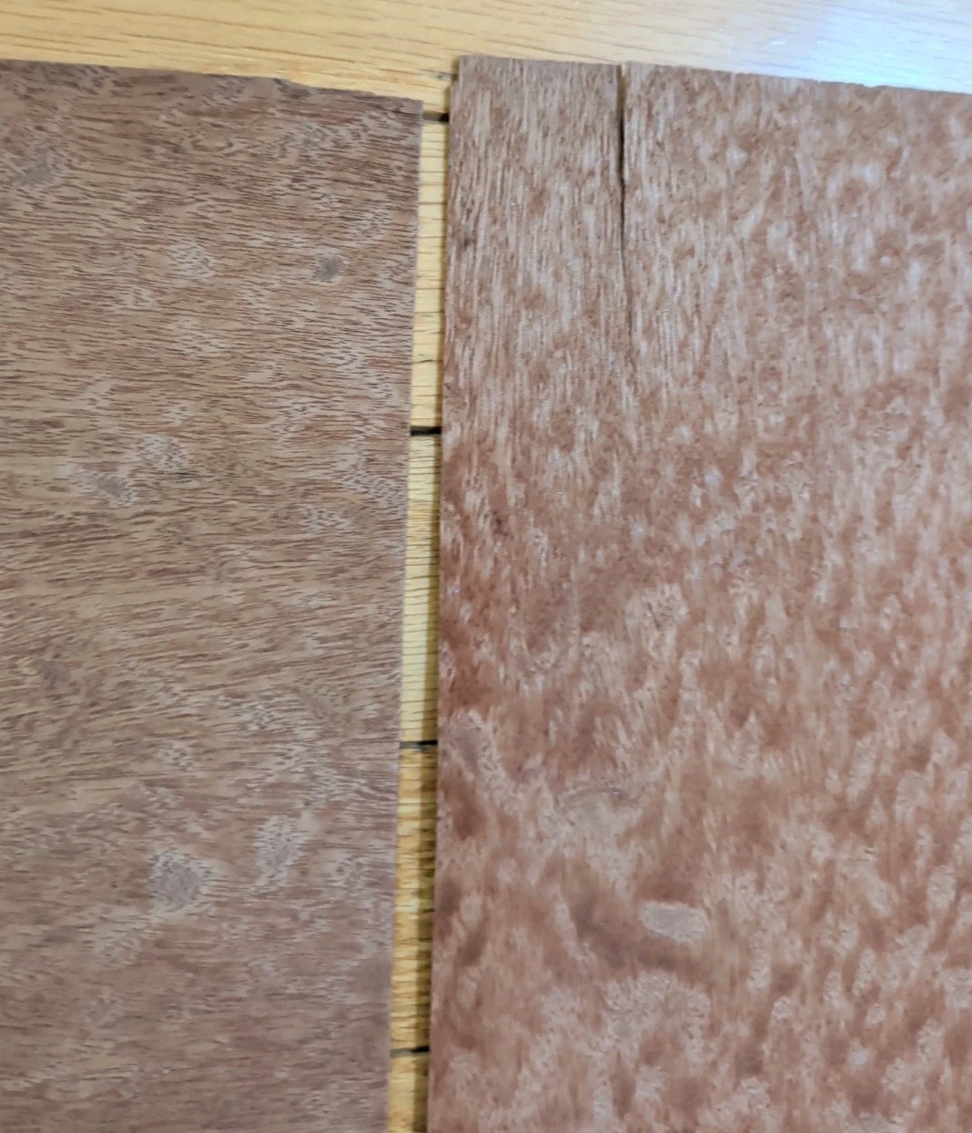 2 pcs sapele pomelle mahogany wood veneer 9 3/4″ x 19 3/8″ each 1/42″ cracks