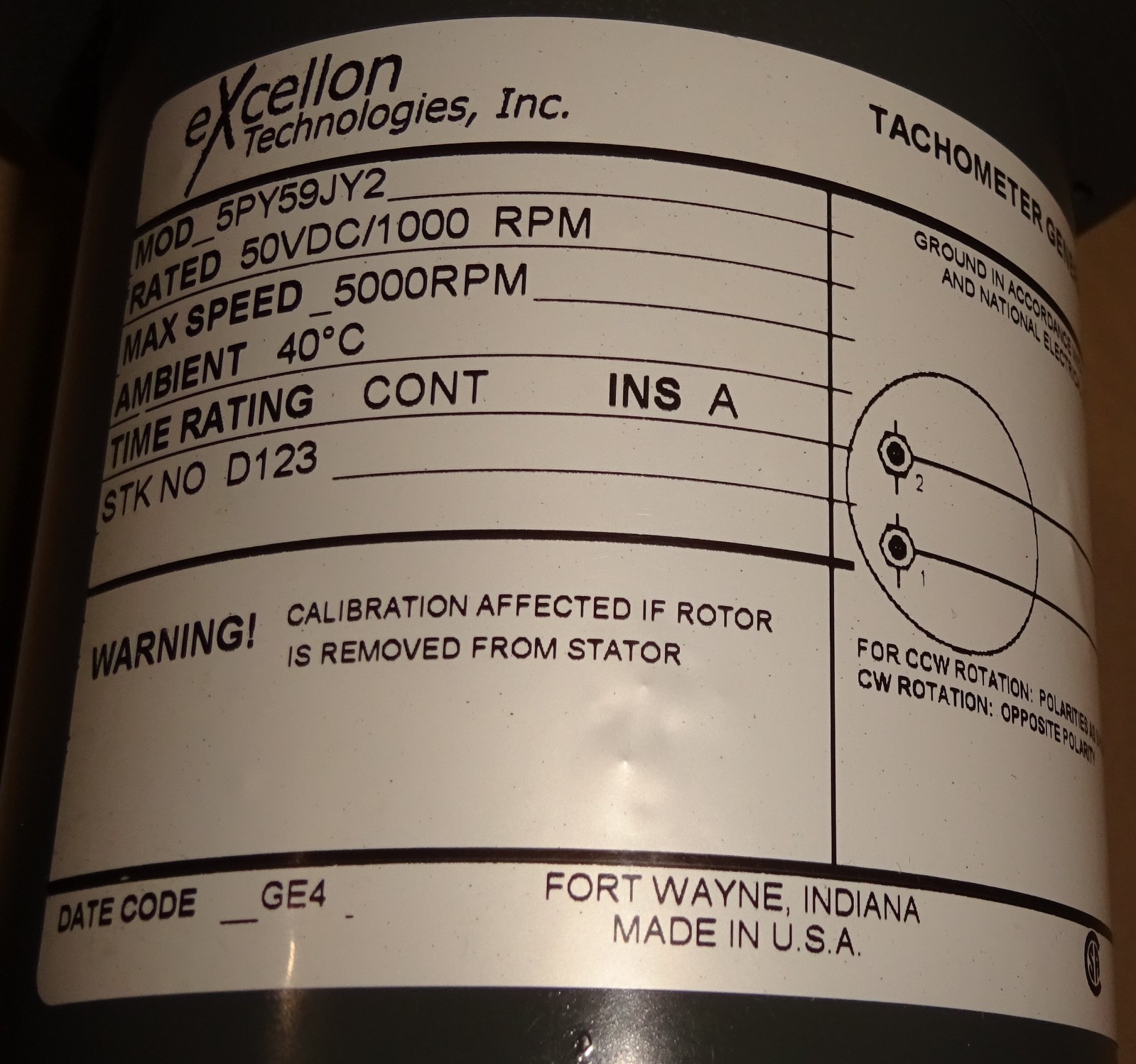 Excellon 5PY59JY2 DC Tachometer Generator Rated 50VDC / 1000RPM NEW