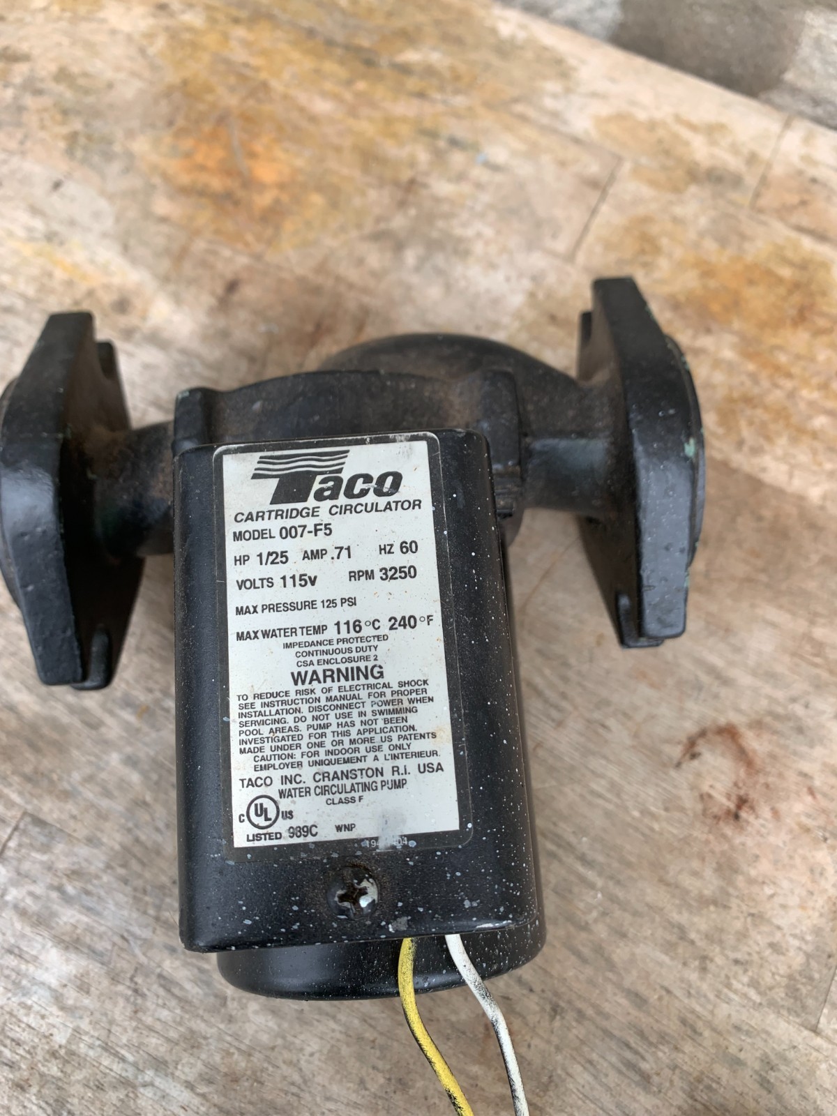 Taco 007-F5 Cartridge Circulator Pump 1/25 Hp .71 Amp 3250 Rpm WROKS USA Made