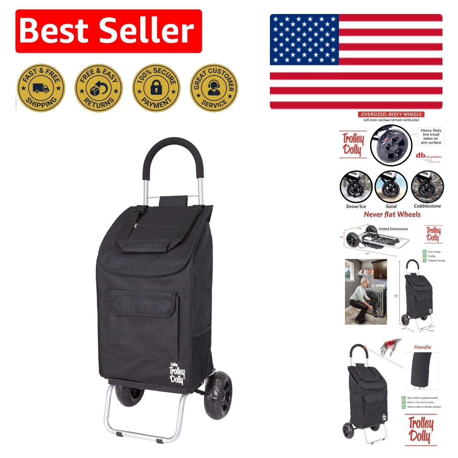 Versatile Foldable Black Trolley Dolly Shopping Cart – All-Terrain & Lightweight