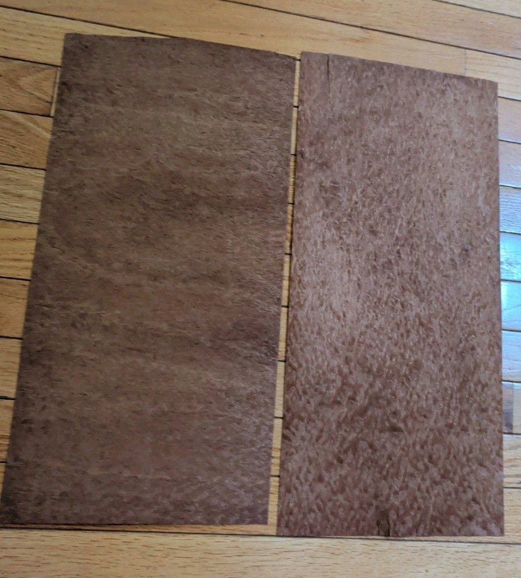 2 pcs sapele pomelle mahogany wood veneer 9 3/4″ x 19 3/8″ each 1/42″ cracks