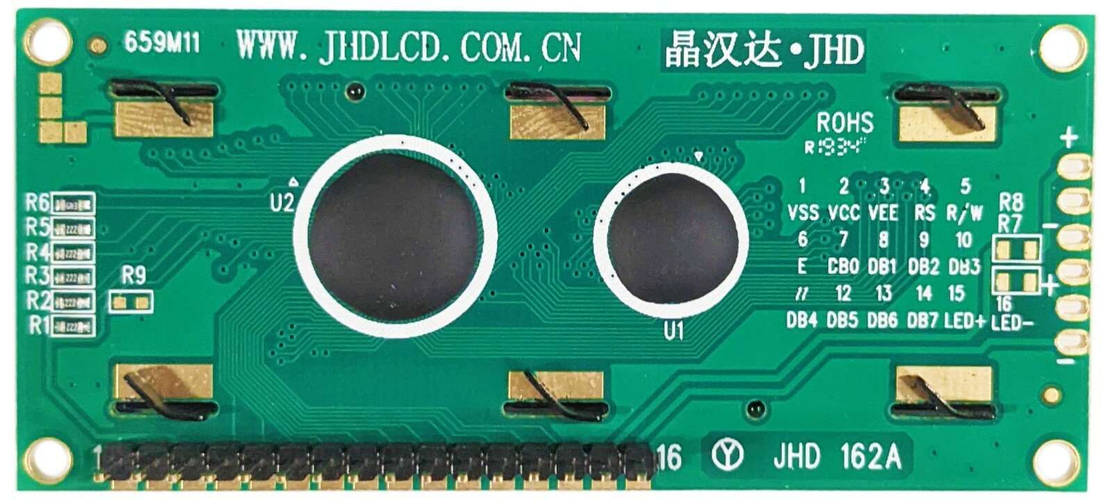 16×2 Dot Matrix Backlit LCD Module w/ Header Pins, Includes Driver & Controller