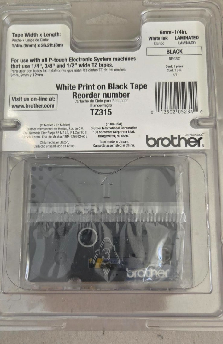 Brother TZe315 1/4″ 6mm white on black TZ Ptouch label tape TZ315