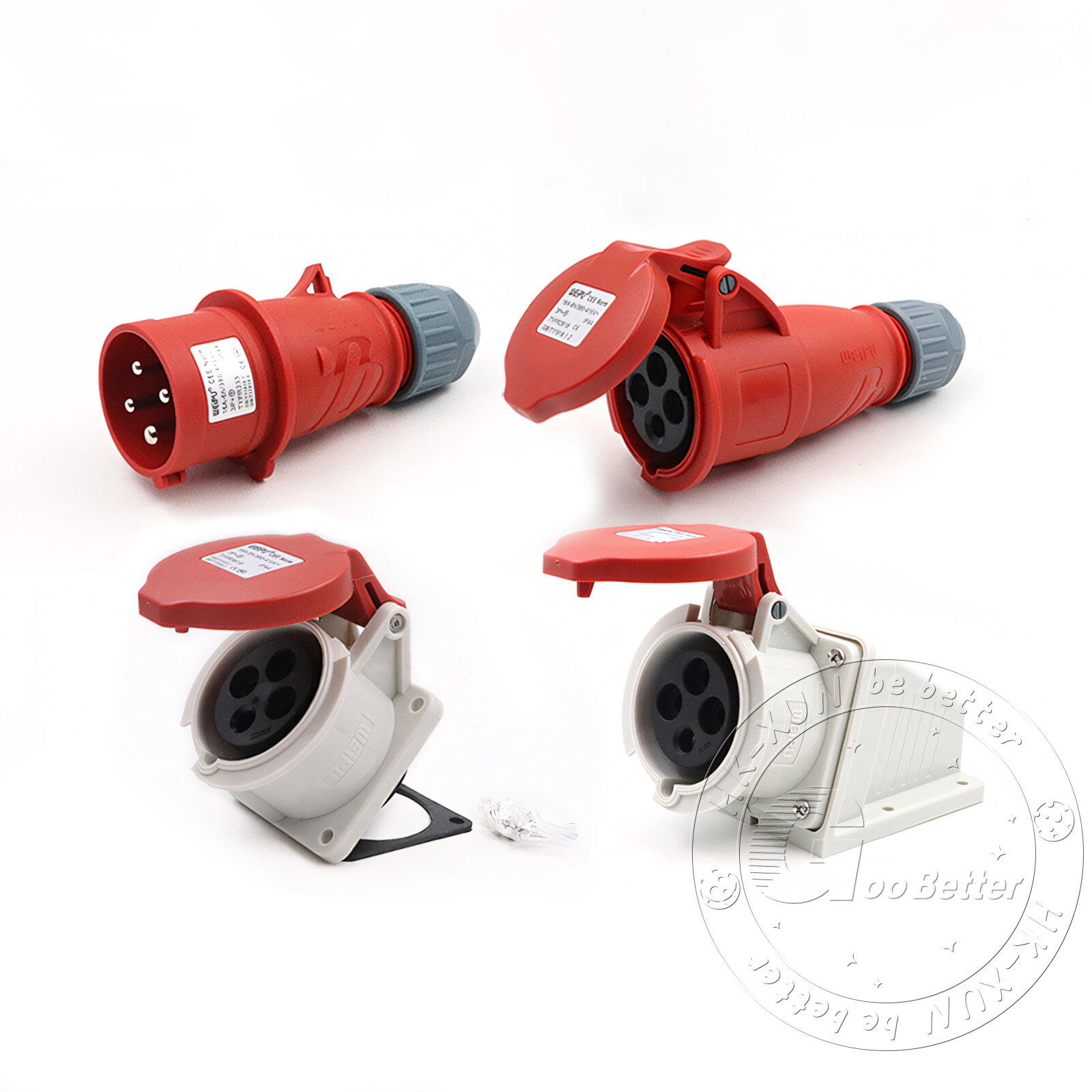 16A 32A 4 PIN RED INDUSTRIAL PLUGS & SOCKETS 3 PHASE 3P+N+E IP44 MALE/FEMALE