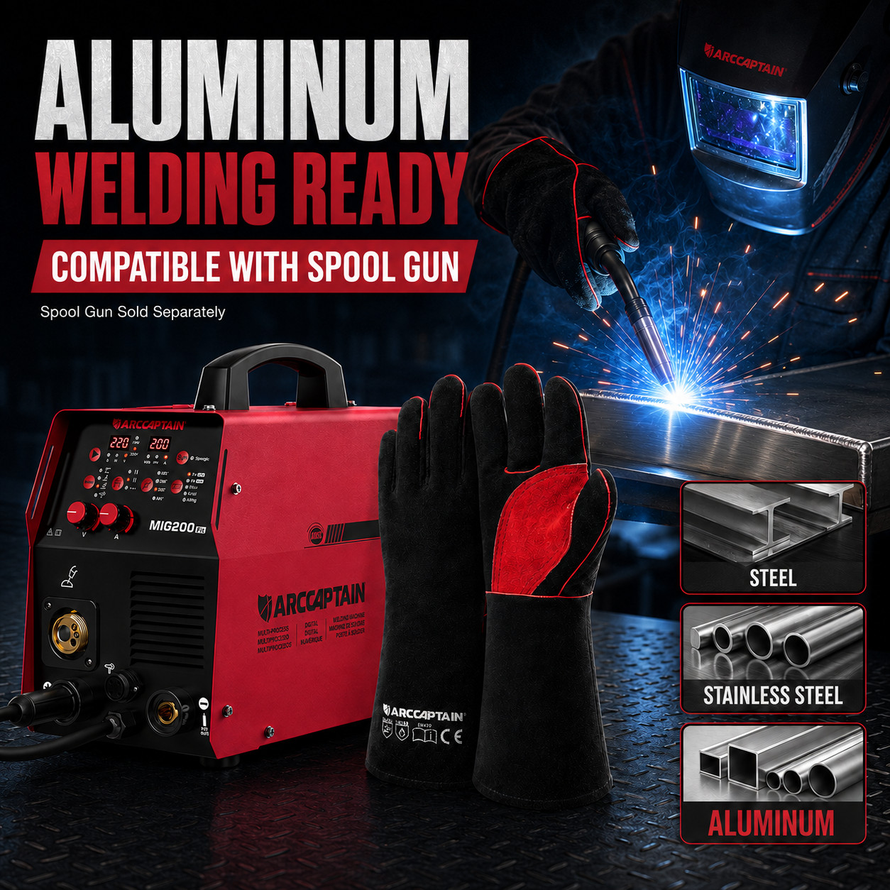 ARCCAPTAIN 6-in-1 Aluminum MIG Welder, 200A Flux Core MIG/Gas MIG/Lift TIG