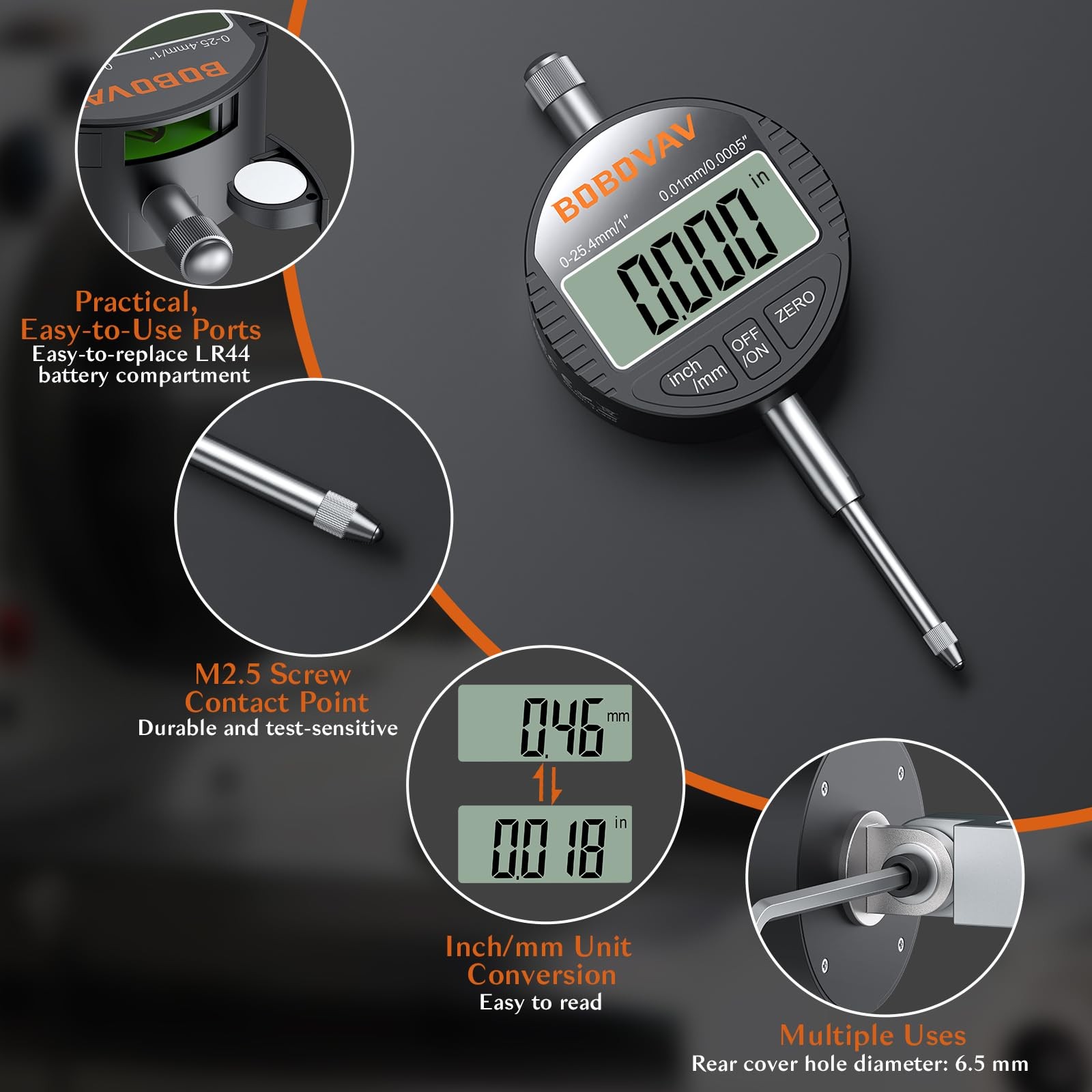 BOBOVAV Digital Dial Indicator 0-1 Inch/25.4 mm, 0.0005 inch/0.01mm High…