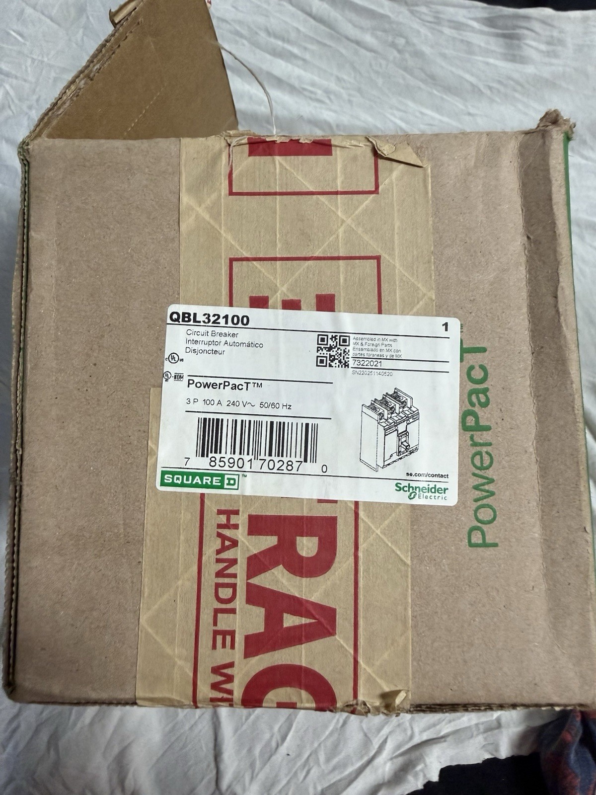 Square D PowerPacT QBL32100 3-Pole 100A 201-250Vac AC Circuit Breaker