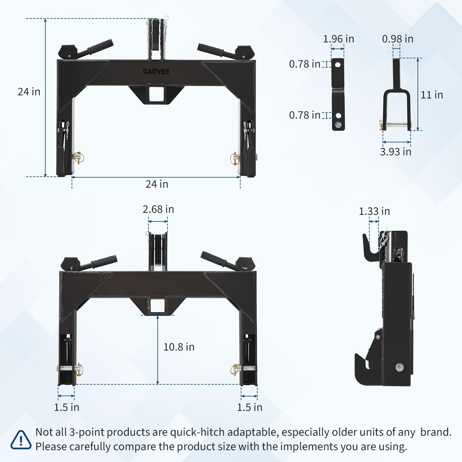 3Point Quick Hitch w/Versatile Adapter 2″ Receiver for Category 1 Tractor 3000lb