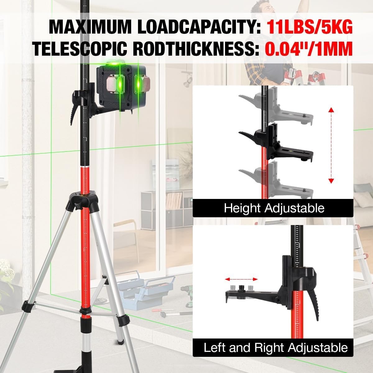 Telescoping Laser Level Pole, 12 FT/3.7 M Tripod Laser Pole with Adjustable M…