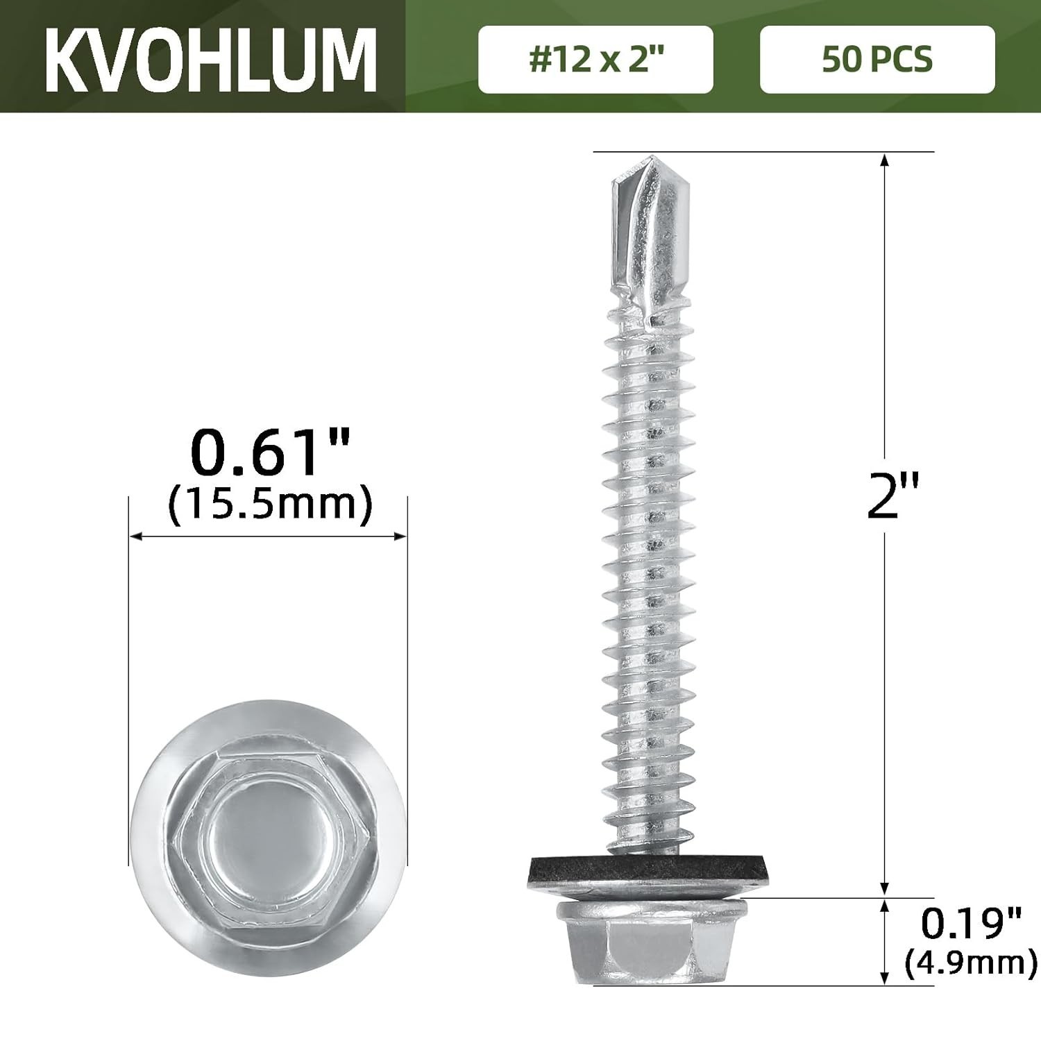 50 PCS #12 X 2″ Hex Head Metal Roofing Screws with Rubber Washers – Durable Set