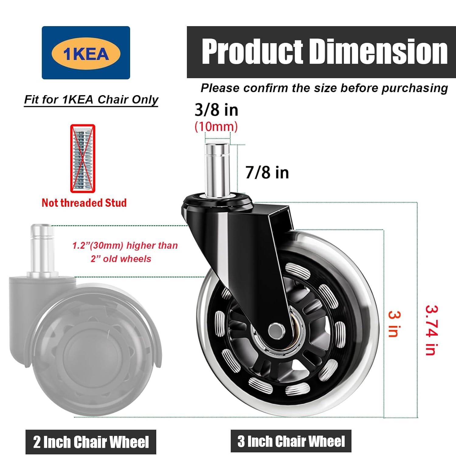IKEA Office Chair Wheels Replacement for Hardwood Floor and Carpet, 10mm Stem…