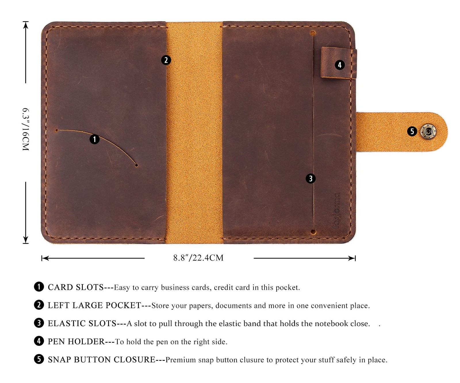 Fasjosma Leather Journal Cover for 3.5″x5.5″ Hardcover Notebook, Rustic Handm…