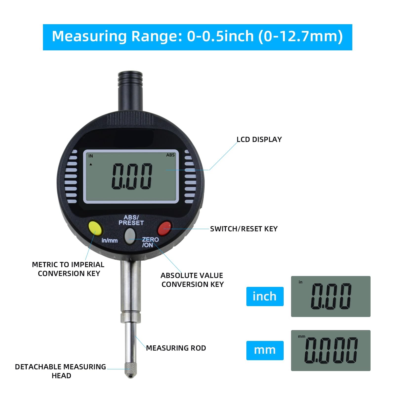 Electronic Digital Dial Gauge,with A Range of 0.5in/12.7mm and A 0.5 in/0.01