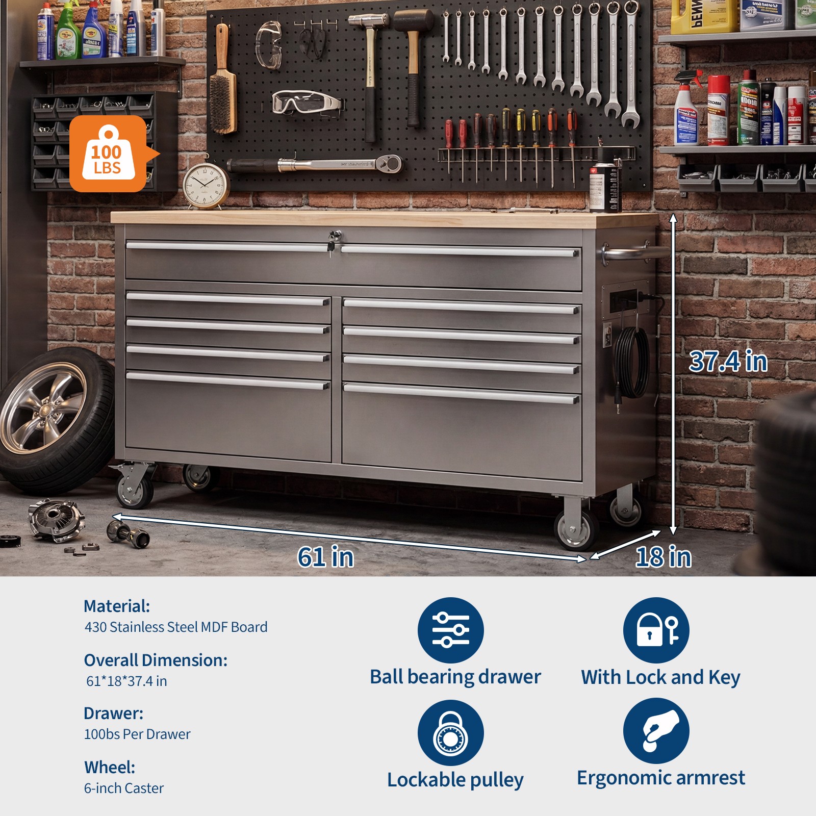 Garvee 61″ 15Drawer Rolling Tool Chest Locking Stainless Steel Cabinet W/ Liners