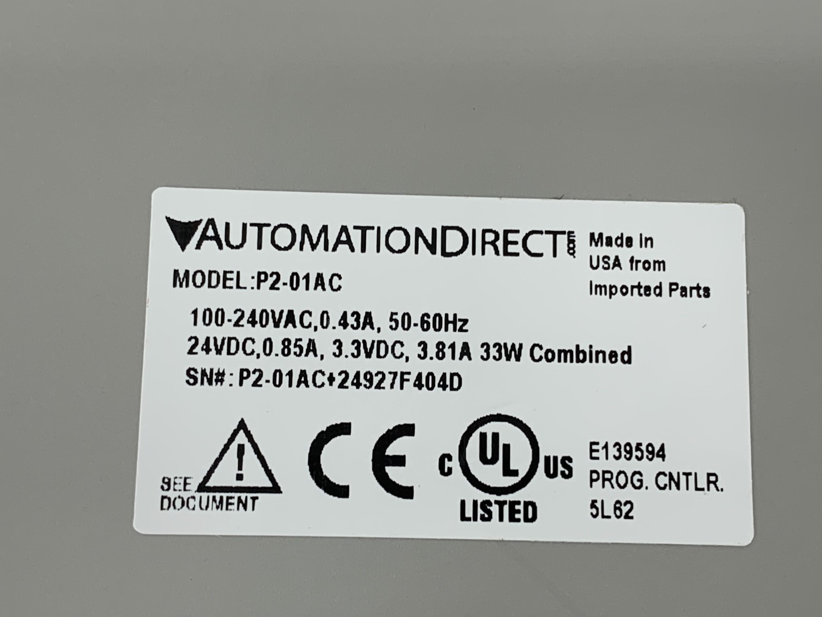 Automation Direct P2-01AC Universal Input AC Power Supply 100-240V Output 24VDC