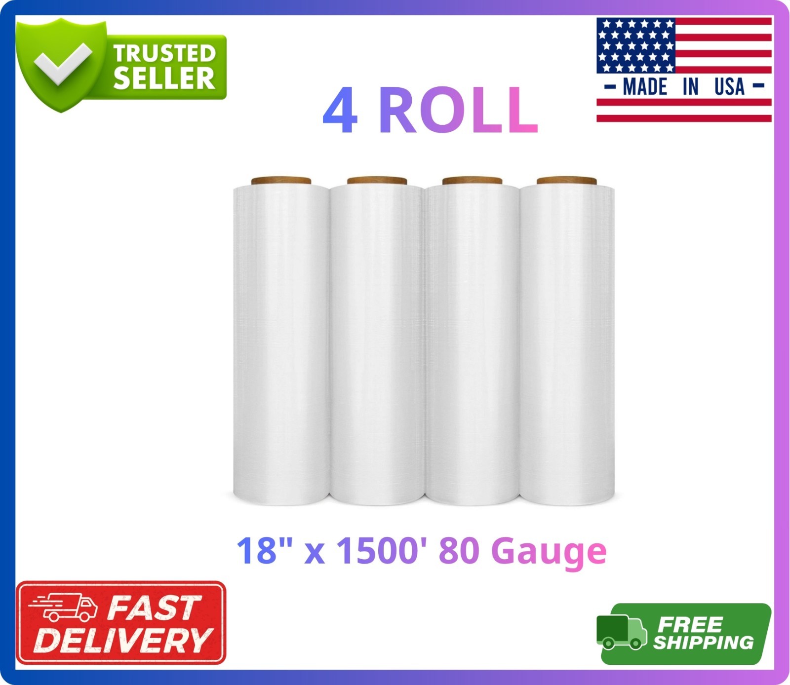 18″ x 1500′ 80 Gauge Pre-Stretched Stretch Wrap Film 4 Rolls Clear Pallet Wrap