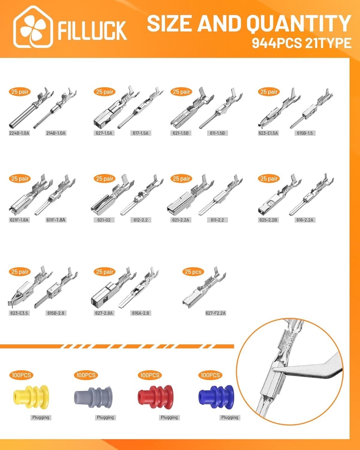 Pin Connector Kit 944Pcs for Automotive, 21 Non-Insulated Types Available