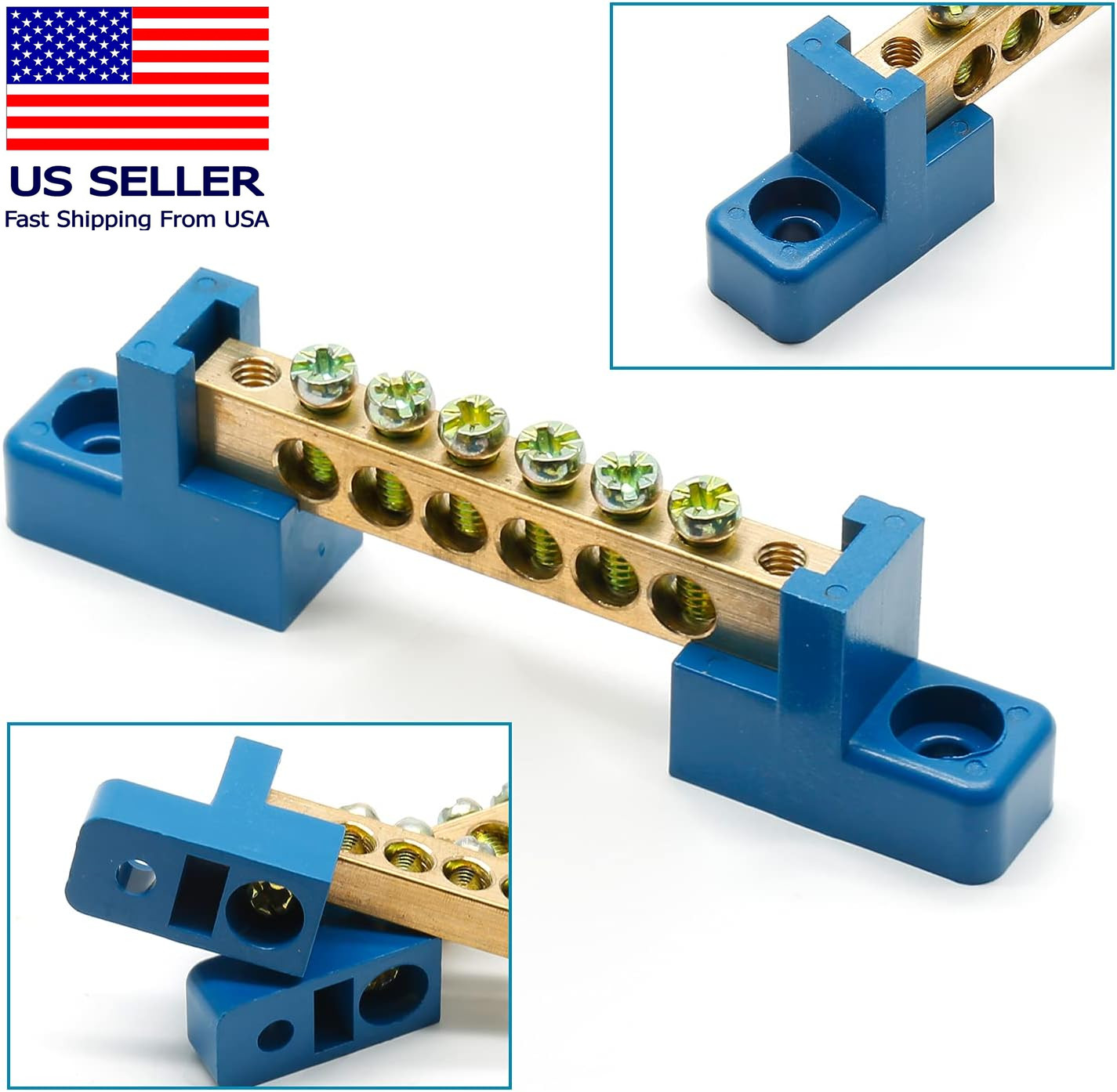 2Pcs Ground Bus Bar Terminal Block, Terminal Positions Wire Screw Terminal Brass