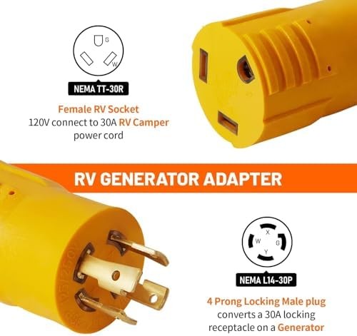 NEMA L14-30P to TT-30R 30 Amp RV Generator Adapter, 4 Prong Locking 120/240V L14