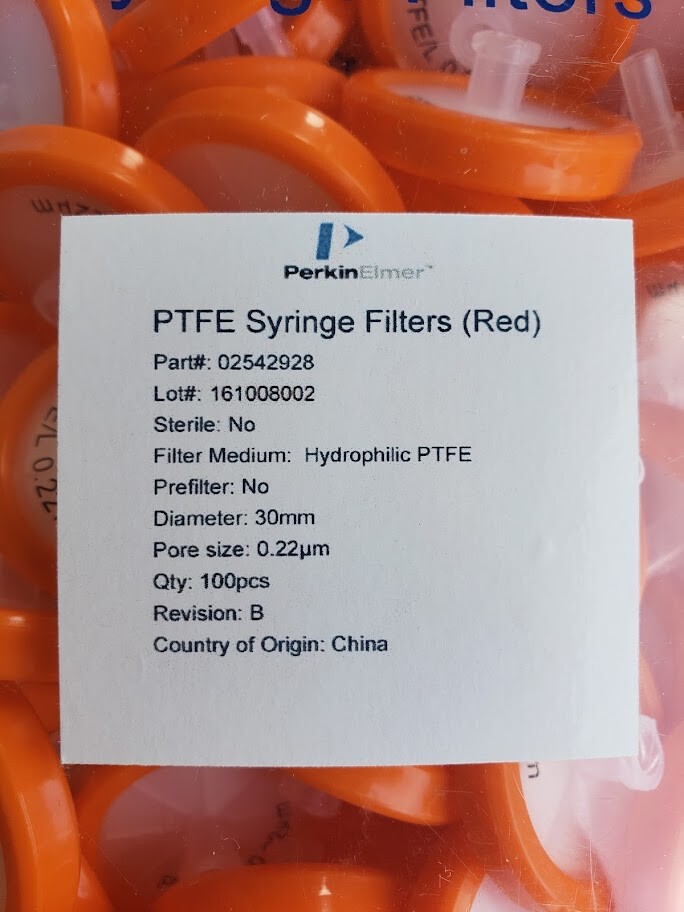 Perkin Elmer 02542928 PTFE (Hydrophilic) Syringe Filters, 0.22 µm, 30 mm 100pcs