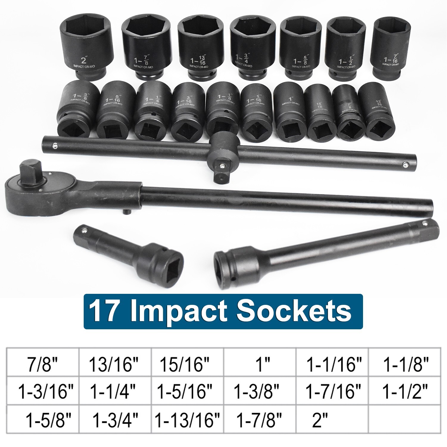 22Pcs Impact Socket Set 3/4″ Drive Deep SAE Cr-Mo Extension Bar Sliding T-Bar