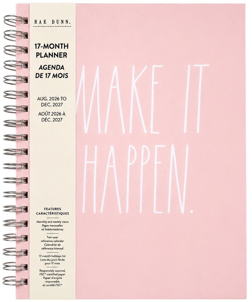2027 Planner RAE DUNN Spiral Hard Cover 17-Month MAKE IT HAPPEN Pink White LARGE
