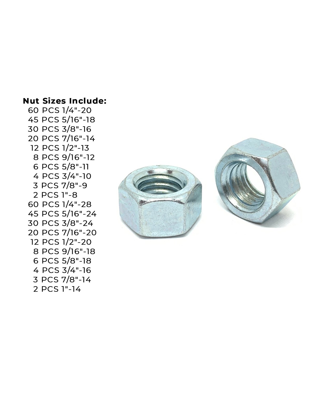 Grade 5 Finished Hex Nut Coarse & Fine Zinc Clear Assortment – 381 PCS