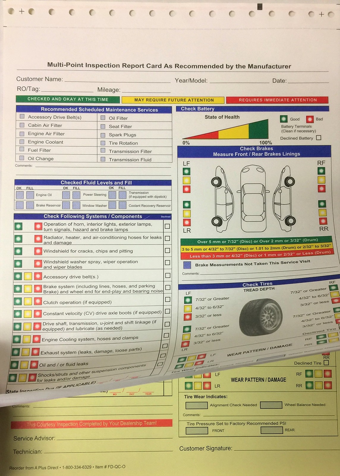 Multi-Point Inspection Form 2 Part Carbonless 8.5″ X 11.75″ – Great for Repair