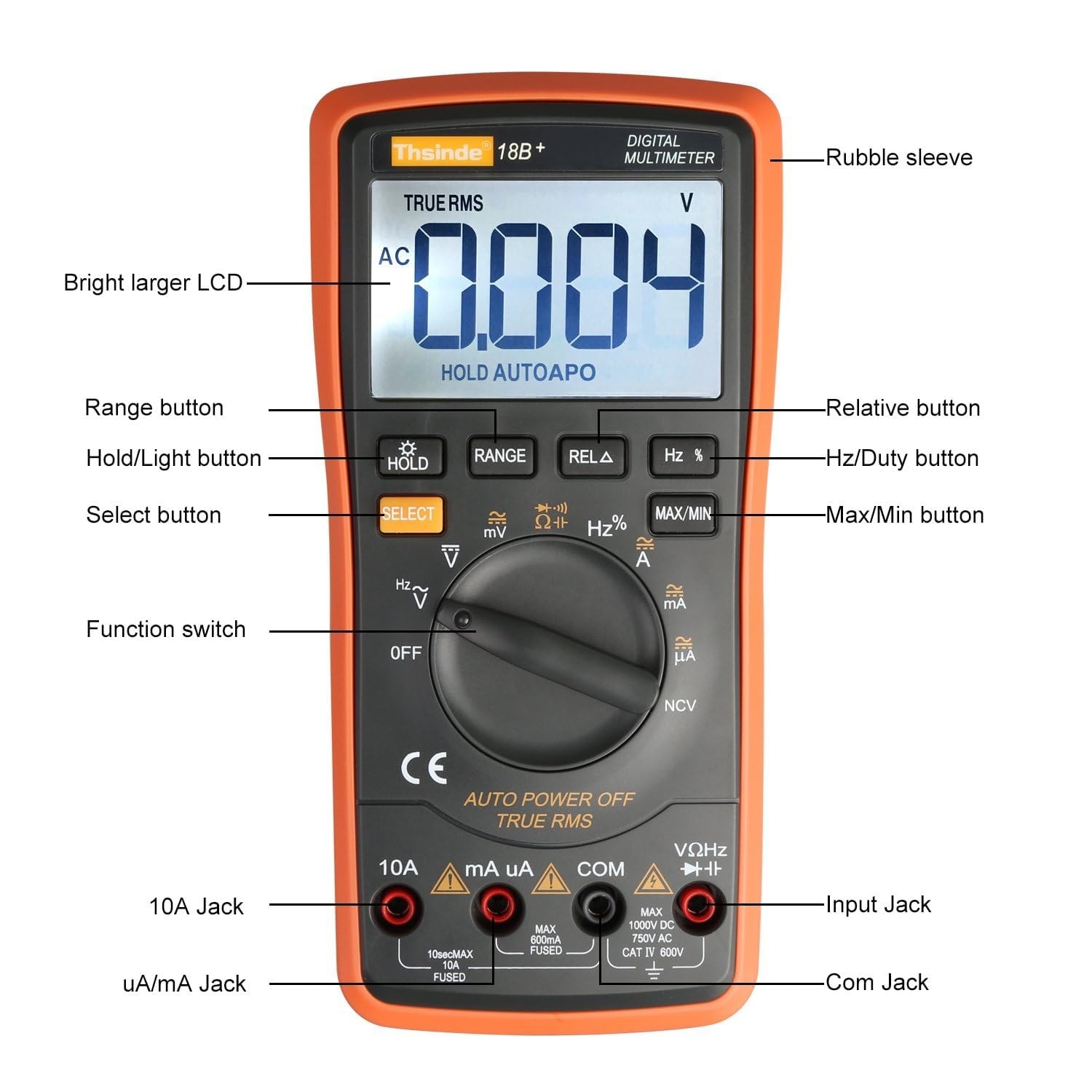 Auto Ranging Digital Multimeter TRMS 6000 with Battery Alligator Clips Orange